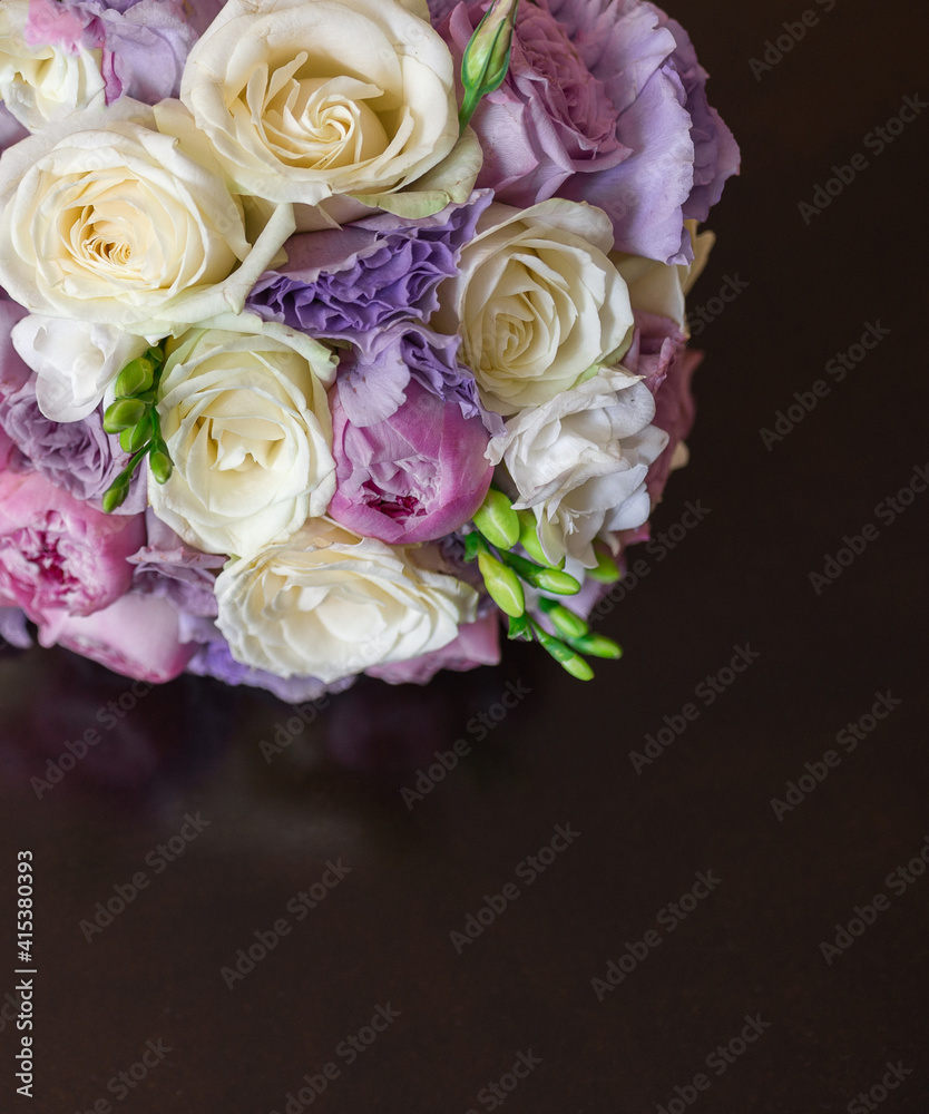 soft focus, beautiful wedding bouquet of white and pink roses close up