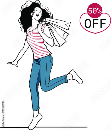 girl with shopping bags, she is excited about 50% off sale.
