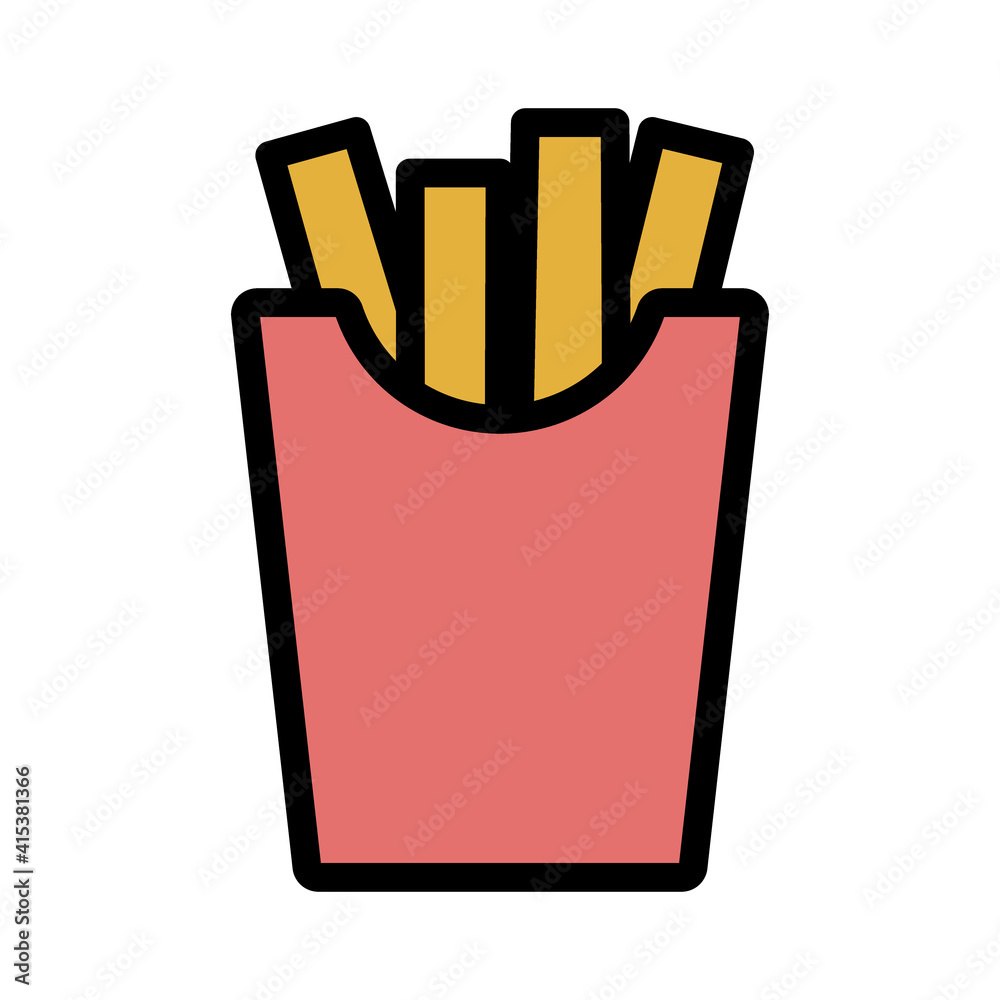Fries potatoes with chopsticks in cardboard box. Simple colored food icon in trendy line style isolated on white background for web apps and mobile concept Fries potatoes with chopsticks in cardboard box. Simple colored food icon in trendy line style isolated on white background for web apps and mobile concept