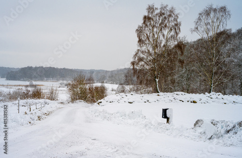An icy and snowy winter road going through a meadow and forest landscape. Picture from Scania, southern Sweden