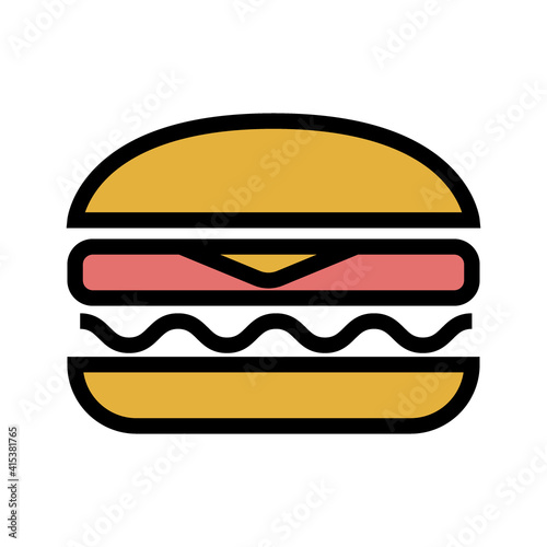 Delicious juicy burger with meat cutlet, cheese and salad. Simple colored food icon in trendy line style isolated on white background for web apps and mobile concept