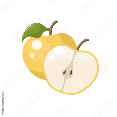 Yellow vector illustration of colorful half and whole of juicy apple. Illustration isolated on white background.