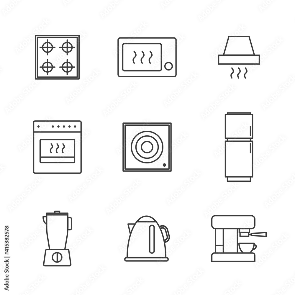 Set of Simple kitchen appliances icon in trendy line style isolated on white background for web apps and mobile concept. Vector Illustration