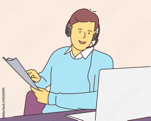 Call center, help, business communication concept. Young man consultant manager operator with headset supporting client online with laptop.