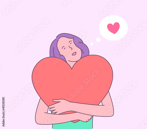 Love story or Valentines day concept. Dreamy young happy woman cartoon character holding red heart shaped box.