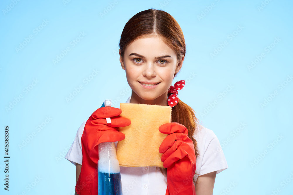 cleaning lady in white shirt cleaning supplies service blue background cleaning lady in white shirt cleaning supplies service blue background