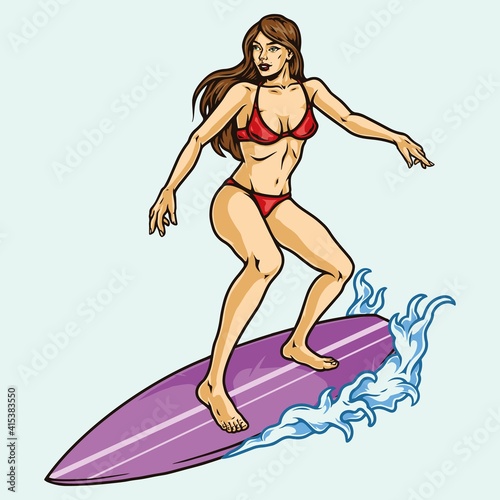 Attractive female surfer standing on surfboard