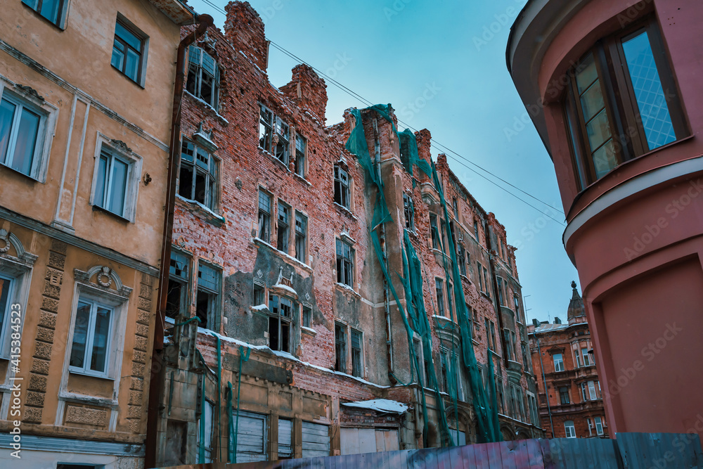 Naklejka premium Historic heritage object Goving House Art Nouveau style in disrepair. Vyborg, Russia