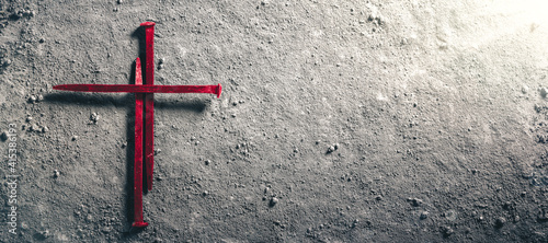 Photography Three Red Nails In Shape Of Cross On Dirt Floor - Crucifixion Of Christ