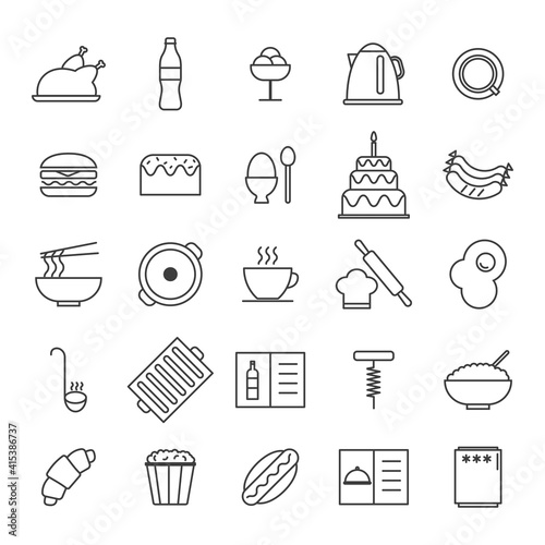 Set of Simple kitchen, food nad drink icons in trendy line style isolated on white background for web apps and mobile concept. Vector Illustration