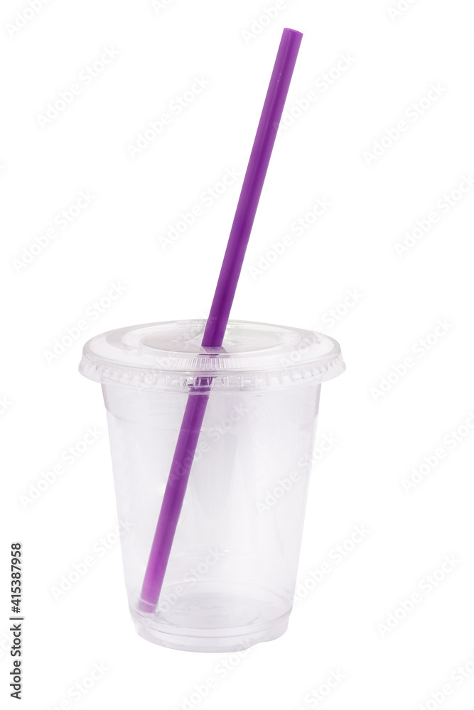Plastic clear cup with a colorful straw isolated on white Plastic clear cup with a colorful straw isolated on white
