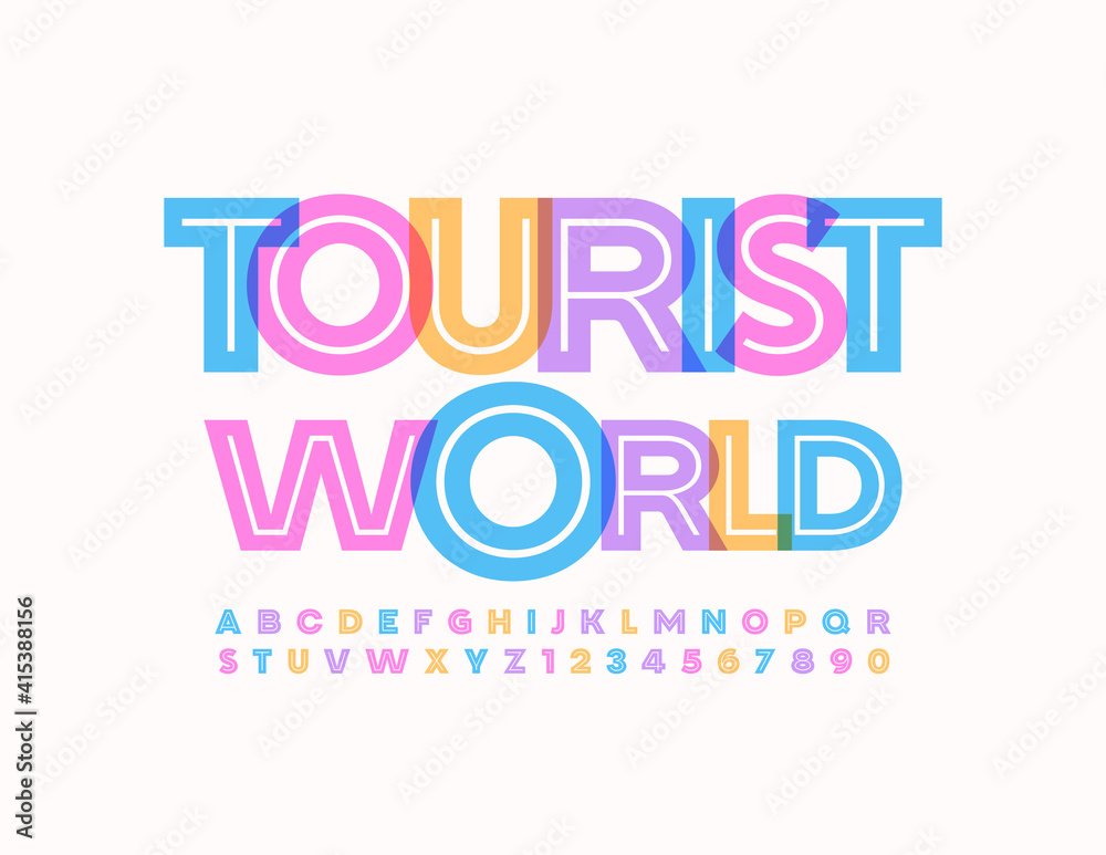Vector creative banner Tourist World. Watercolor bright Font. Trendy Alphabet Letters and Numbers set