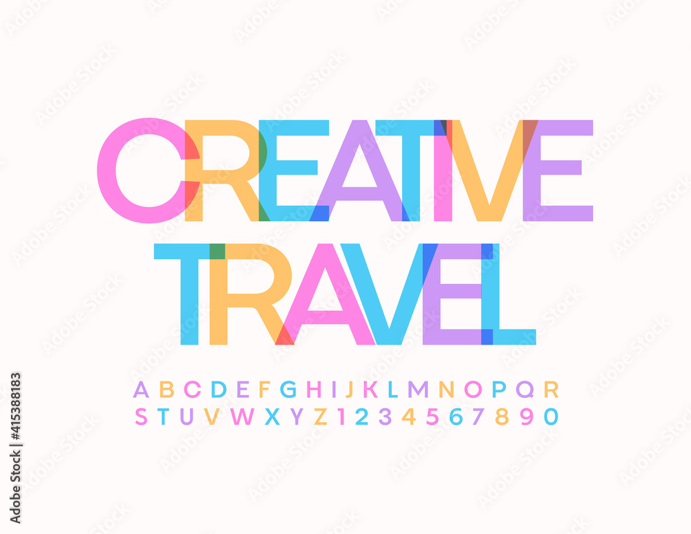 Vector trendy logo Creative Travel with Alphabet Letters and Numbers set. Watercolor bright Font Vector trendy logo Creative Travel with Alphabet Letters and Numbers set. Watercolor bright Font