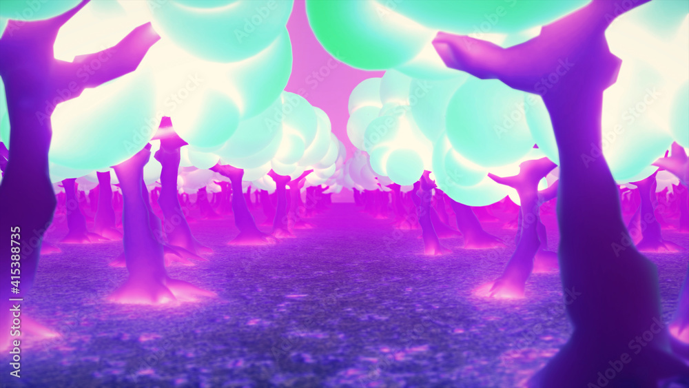 3d illustration of Magic Forest Of Cute Cartoon Trees. High quality photo 3d illustration of Magic Forest Of Cute Cartoon Trees. High quality photo