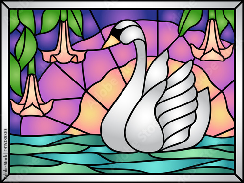 A stained glass style vector swan and sunset
