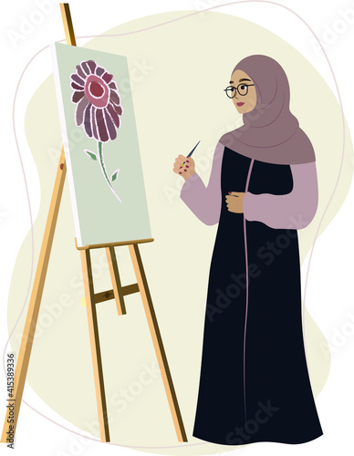 Arabic muslim woman or girl artist drawing flower on the palette with watercolor, wearing beautiful hijab and fashion abaya - traditional clothes of UAE or Saudi Arabia