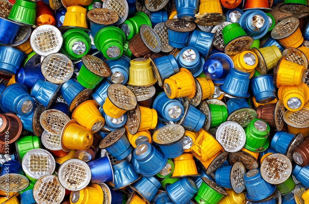 Used coffee capsules. Horizontal image, high angle view. Used coffee capsules. Horizontal image, high angle view.