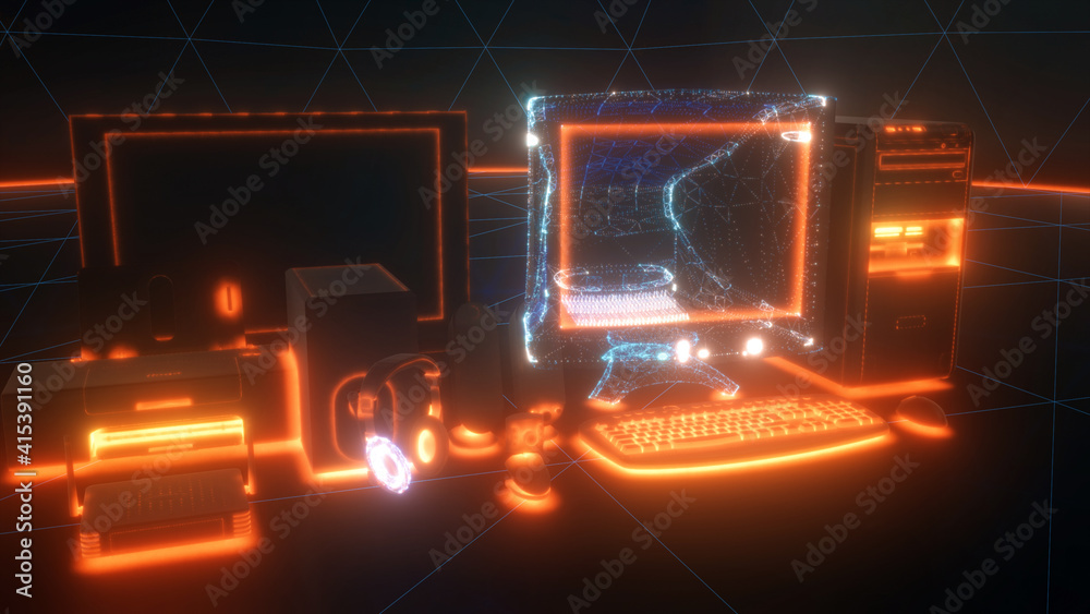 3d Rendered Illustration of Old Used Computers and technologic Office objects. High quality photo