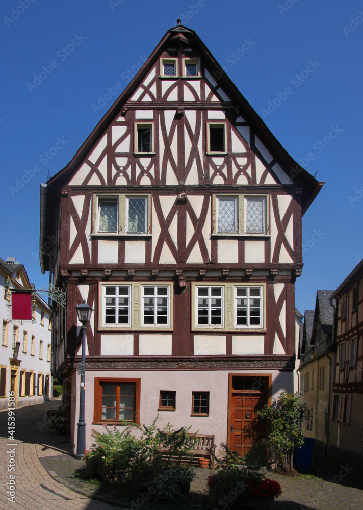 Half-timbered residential renaissance House of the Seven Vices gable in the old medieval town of Limburg, Germany