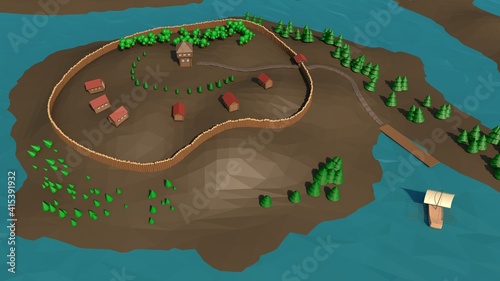 3d rendering of a low-poly ship, on oars, which returns to the ancient wooden city. There is a boat dock in the bay. Low-poly landscape. Cartoon design.