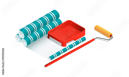 Isometric vector illustration paint roller, paint tray and wallpaper rolls isolated on white background. Realistic colorful wallpaper sticking icon in flat cartoon style. Renovation and reconstruction