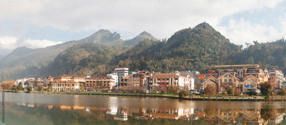 Panoramic Daytime view of the lake in the center of Sapa village, a popular tourist destination in North Vietnam, in Sapa