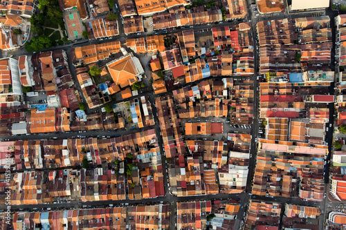 An Aerial view showing rooftops of the heritage houses and streets of Georgetown Penang, Malaysia