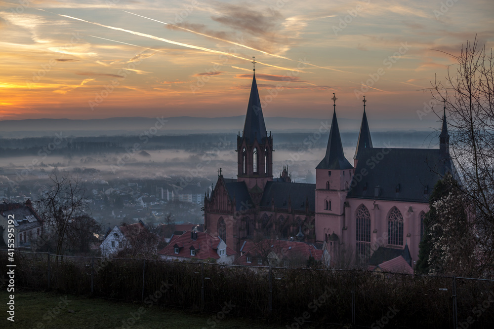 Nebel über dem Rhein im Sonnenaufgang bei Oppenheim