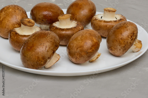 Large royal mushrooms close-up. Brown fresh mushrooms on white plate. Selective focus, side view