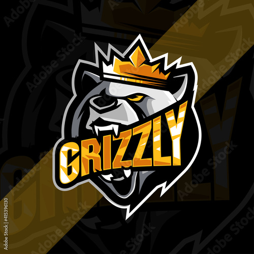 Head king Grizzly mascot logo esport design template