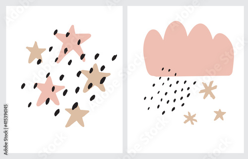Cute Nursery Vector Illustrations with Hand Drawn Stars and Fluffy Cloud.Pink Rainy Cloud Isoalted od a White Background. Starry Night Sky. Funny Scandinavian Style Prints ideal for Kids Room Decor.