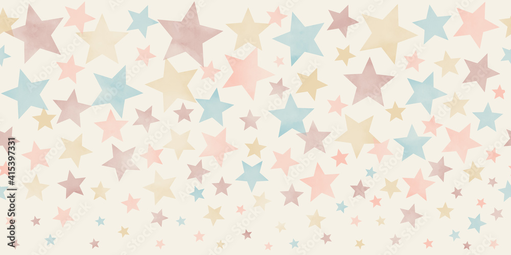 Seamless pastel watercolor background texture. Pastel color stars. Painted illustration. Template for design. Vintage. Retro.