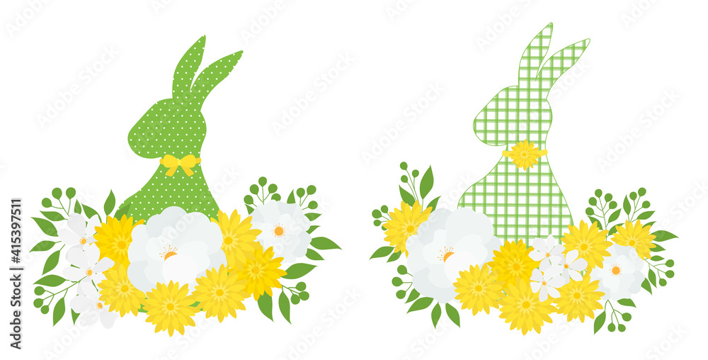 Easter bunny silhouette and flowers decor vector illustration