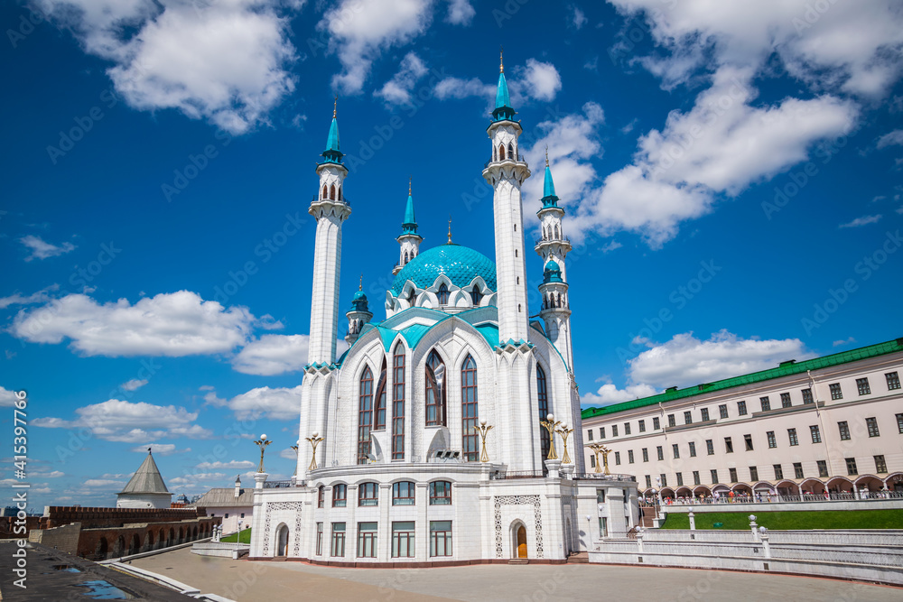 beautiful view of the Kul-Sharif mosque during sunny summer day in Kazan kremlin, Russia