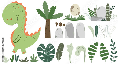 Vector hand-drawn children set with cute T. Rex, plants, tree, stones, leaves and footprints on a white background. Kids set with a dinosaur. Cute baby animals. Reptile. Lizard.