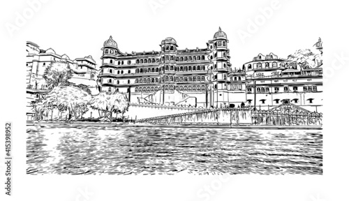 Building view with landmark of Udaipur is the
city in India Hand drawn sketch illustration in vector.
