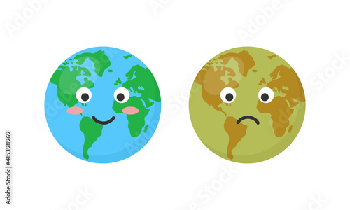 Happy and sad planet Earth isolated on white background. Ecology concept. Flat vector illustration