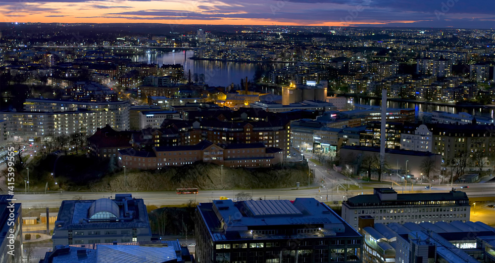 The beautiful area of Liljeholmskajen during sunset in central Stockholm, Sweden