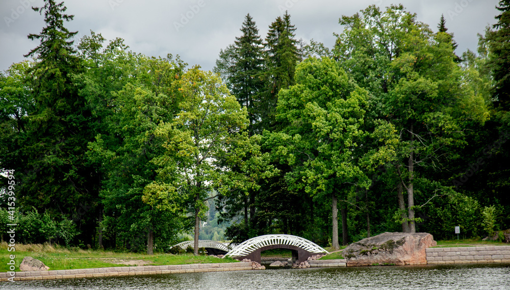 bridge in the park, river, landscape, nature, water, tree, park, lake, sky, forest, green, summer, trees, blue, grass, outdoors, cloud, reflection, beautiful, clouds, panorama, travel, scene, beauty