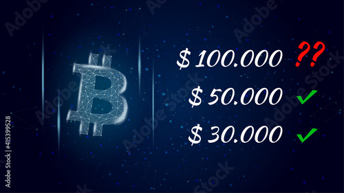 Can Bitcoin BTC hit 100000 dollars polygonal cryptocurrency token symbol and question mark next to the price, coin icon on dark background. Vector illustration for news.