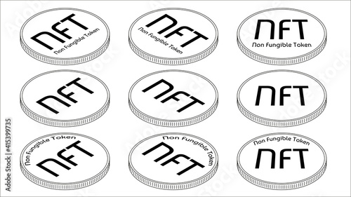 Set of isometric outline coins NFT non fungible tokens isolated on white. Pay for unique collectibles in games or art. Vector illustration.