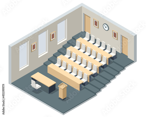 Isometric lecture hall, lecture audience. An empty large lecture room or University classroom with chairs isolated on white.