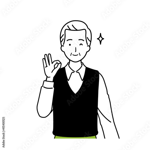 Illustration of a senior doing an OK pose, upper body.