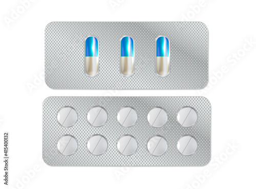 Pills in blister pack. Realistic pill blisters set.