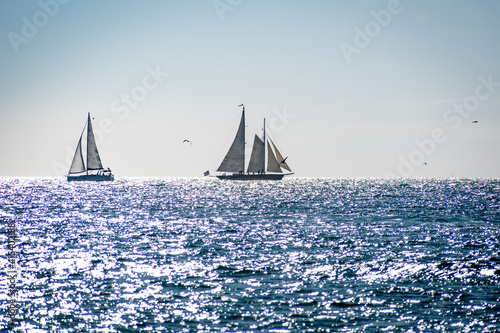 Two sailboats on a sunny day in the open water photo