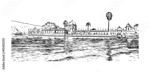 Building view with landmark of Udaipur is the
city in India Hand drawn sketch illustration in vector.
