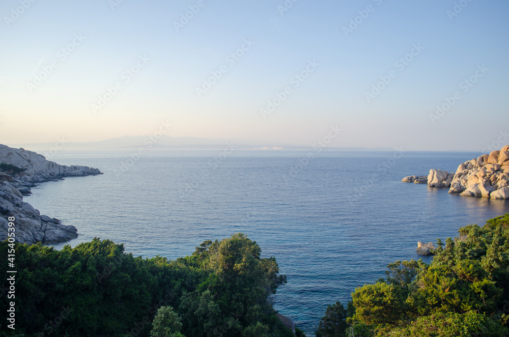 italian seaside capotesta rocks and sunset Sardinia. Landscape with sea and rocks.