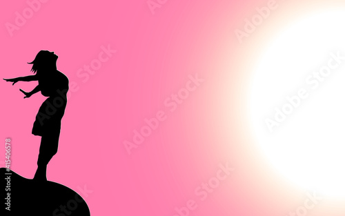 vector illustration of a black silhouette of a beautiful girl with long hair, who stands on the edge of a cliff in a dress with her arms outstretched and her face lifted up, exposing herself