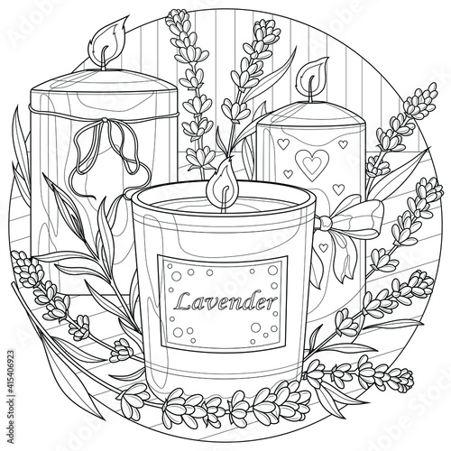 Candles with lavender.Coloring book antistress for children and adults. Illustration isolated on white background.Zen-tangle style. Black and white illustration.Hand draw
