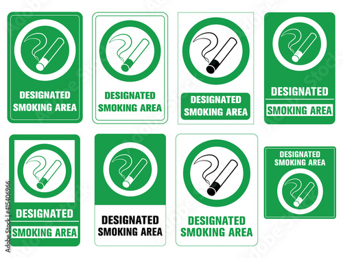 Designated smoking area - green signboard sticker set with public notice information